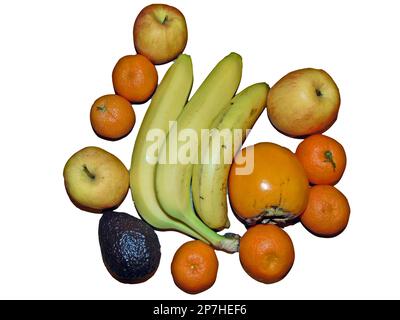 fruits isolated on white background - clementines, persimmon, apples, bananas, avocado Stock Photo