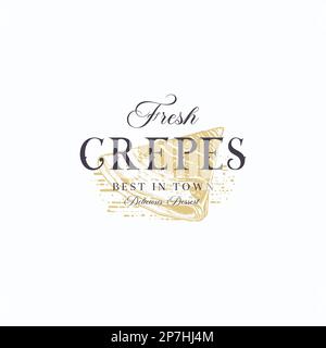 Hand drawn vector french dessert crepes berries sketch. Abstract Sign, Symbol or Logo Template. Hand Drawn Sweet with Typography. Bakery Vector Emblem Stock Vector