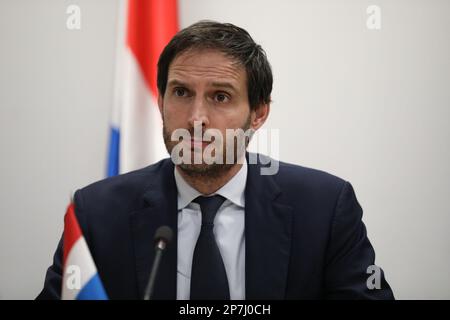 Lviv, Ukraine. 3rd Mar, 2023. Wopke Hoekstra, Minister of Foreign Affairs of The Netherlands speaks during a press approach based on the results of the tripartite meeting of the Ministers of Foreign Affairs of Ukraine, Estonia and The Netherlands. (Credit Image: © Mykola Tys/SOPA Images via ZUMA Press Wire) EDITORIAL USAGE ONLY! Not for Commercial USAGE! Stock Photo