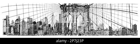 Panoramic cityscape of New York city Manhattan from Brooklyn bridge - vector illustration (Ideal for printing, poster or wallpaper, house decoration) Stock Vector