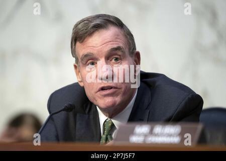 Washington, United States. 07th Mar, 2020. Chairman of the Senate Intelligence Committee Mark Warner, D-VA, speaks during a hearing on worldwide threats where directors of various intelligence agencies spoke at the U.S. Capitol in Washington, DC on Wednesday, March 8, 2023. Photo by Bonnie Cash/UPI Credit: UPI/Alamy Live News Stock Photo