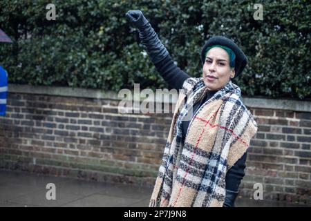 London, UK - March 8, 2023: On the occasion of International Women's Day, dozens of Iranians gathered outside the Islamic Republic of Iran's embassy in Kensington to demand women's freedom and hold up pictures of victims from recent protests in Iran. They chanted 'woman life freedom' while successfully blocking the road for a few minutes with their demonstration. Credit: Sinai Noor/Alamy Live News Stock Photo