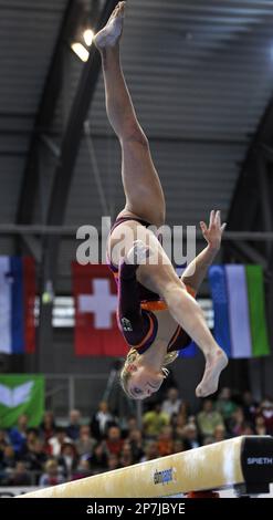 Marie Sophie Hindermann of Germany performs on balance beam during the gymnastics World Cup Turnen Turnier der Meister in Cottbus, Germany, Sunday, March 14, 2010. (apn Photo/Matthias Rietschel)