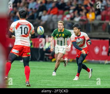 Vancouver, Canada. 5th March, 2023. Yoshiyuki Koga of Japan (R) of Japan passes the ball to teammate Takamasa Maruo (L) during Day 3 - HSBC Canada Sev Stock Photo