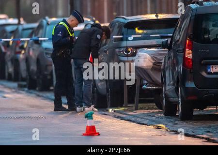 Illustration picture shows police activity at the site of a shooting incident in the Draaiboomstraat in Hoboken, Antwerp, Wednesday 08 March 2023. A man is in critical condition after being shot in the middle of the street. BELGA PHOTO JONAS ROOSENS Stock Photo