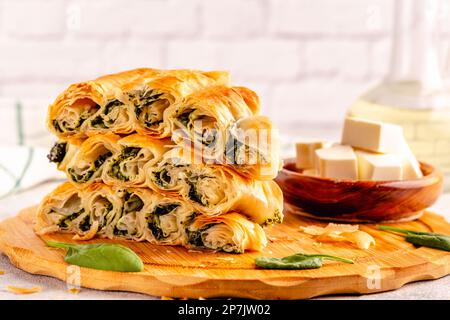 Spanakopita, greek phyllo pastry pie with spinach and feta cheese filling Stock Photo