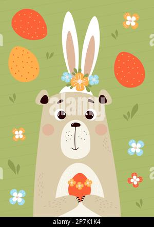 Cute Easter bear with bunny ears, with flowers and Easter eggs. Vector illustration. Easter greeting card for design, print, decor, room decor, kids c Stock Vector
