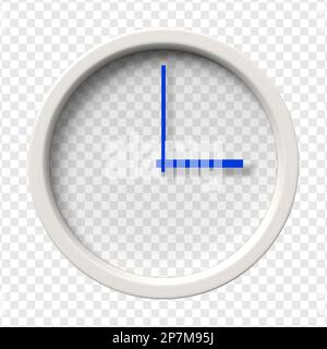Realistic Wall Clock. Three oclock am or pm. Transparent face. Blue hands. Ready to apply. Graphic element for documents, templates, posters, flyers. Stock Vector