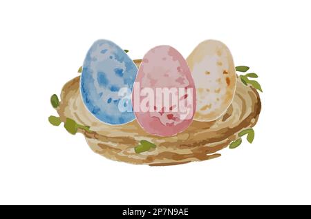 Watercolor nest with color eggs. Template for banner, poster, packaging, postcard, web design. Hand Drawn vector illustration. Stock Vector