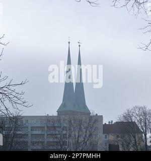 St. Nicholas, or Nicolai Church, or Nikolaikirche in Berlin in the mist Stock Photo