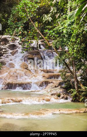 Water cascades over rocks at Dunn's River Falls in Ocho Rios, Jamaica ...
