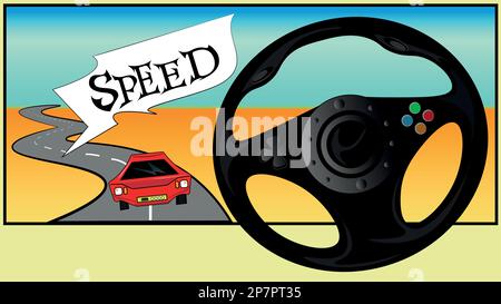 A computer video game of racing. Game steering wheel for games of racing in cool foreign cars. Stock Vector