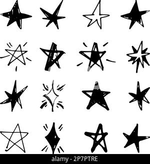 Doodle star set. Hand drawn stars and sparkles symbols. Vector. Stock Vector