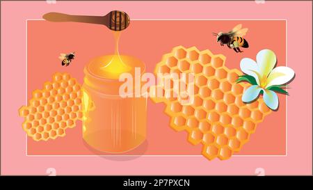 The honeycomb is filled with sweet golden honey, a jar of thick golden honey. Bees are flying around. Stock Vector