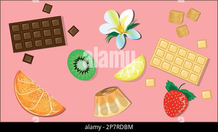 Background with pudding, chocolate bars, fruit and berries for any design and shape. Stock Vector