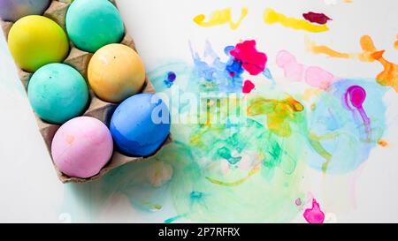Colorful background wit Easter eggs and copy space on right side Stock Photo
