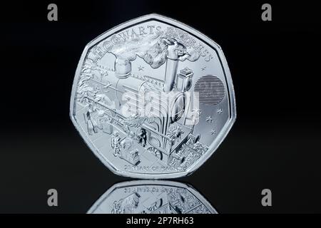 Reverse side of a 2022 50p coin featuring the Hogwarts Express to commemorate 25 years of Harry Potter Stock Photo