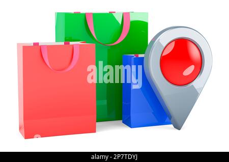 Shopping bags with map pointer, 3D rendering isolated on white ...