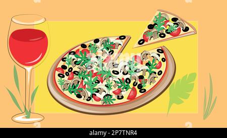 Delicious pizza with mushrooms and lots of cheese with a glass of fragrant wine lifts the spirits. Stock Vector