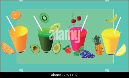 Fresh fruit drinks, fruit and vegetable freshes and smoothies, a tasty treat for your health. Stock Vector