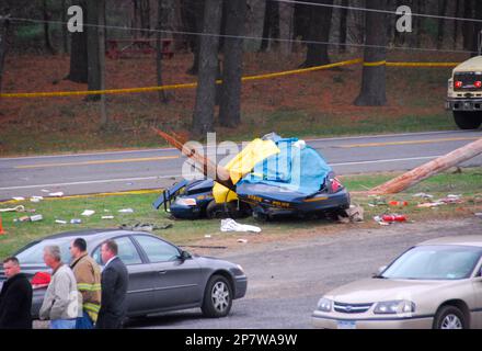 A New York State Police vehicle is seen after a crash in Catskill