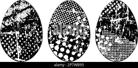 Grunge black and white Easter egg shapes. Vector illustration. Isolated. Weathered distress Easter holiday symbol. Artistic design element for print Stock Vector