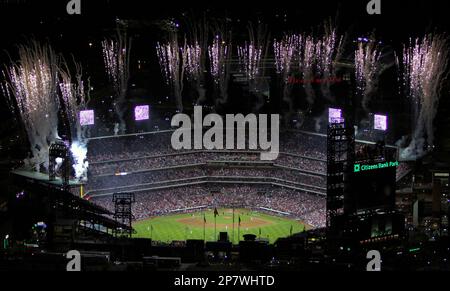 Fireworks explode over Citizens Bank Park before the start of Game 1of the  National League championship series between the Philadelphia Phillies and  Los Angeles Dodgers Thursday, Oct. 9, 2008, in Philadelphia. (AP