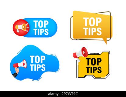 Megaphone label set with text Top tips. Megaphone in hand promotion banner. Marketing and advertising Stock Vector
