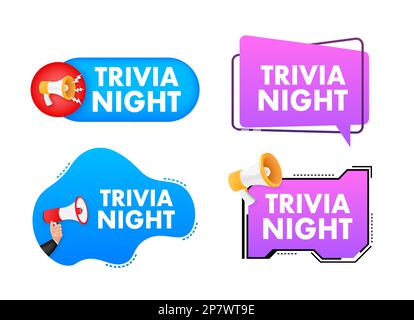 Megaphone label set with text trivia night. Megaphone in hand promotion banner. Marketing and advertising Stock Vector