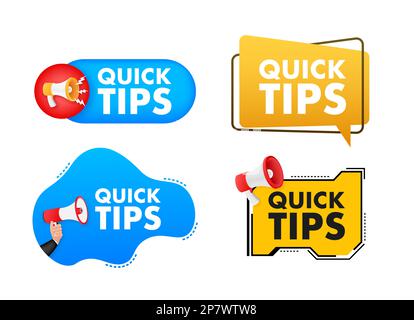 Megaphone label set with text quick tips. Megaphone in hand promotion banner. Marketing and advertising Stock Vector