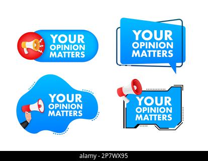 Megaphone label set with text your opinion matters. Megaphone in hand promotion banner. Marketing and advertising Stock Vector