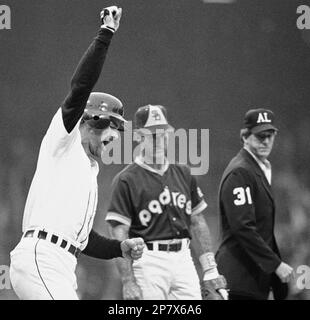 Detroit Tigers pitcher Willie Hernandez and catcher Lance Parrish celebrate  Oct. 14, 1984 after beating the San Diego Padres to win the World Series.  (AP Photo/Ron Heflin Stock Photo - Alamy