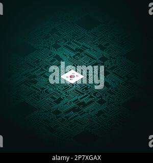 Electric circuit perspective Korea green microchip Stock Vector
