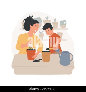 Planting flowers isolated cartoon vector illustration. Smiling mother and child replanting flower in new pot, people preparing for Earth Day celebration, family activity vector cartoon. Stock Vector