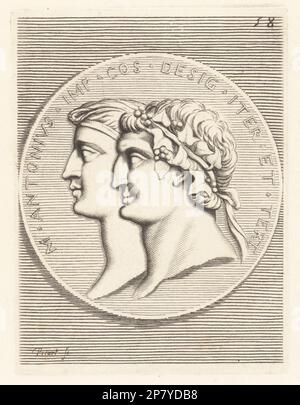 Heads of Mark Antony and Cleopatra. Marcus Antonius, Roman politician, consul and general, 83-30 BC, wearing a crown of ivy leaves and berries sacred to Bacchus. Cleopatra VII Philopator, Queen of the Ptolemaic Kingdom of Egypt from 51 to 30 BC. M. Antonius Imp. Cos. de Sig. Iter. et Tert. Antonio e Cleopatra. Copperplate engraving by Etienne Picart after Giovanni Angelo Canini from Iconografia, cioe disegni d'imagini de famosissimi monarchi, regi, filososi, poeti ed oratori dell' Antichita, Drawings of images of famous monarchs, kings, philosophers, poets and orators of Antiquity, Ignatio de’ Stock Photo