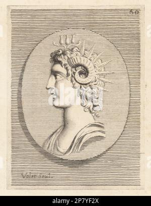 Head of Mark Antony, Marcus Antonius, Roman politician, consul and general, 83-30 BC. M. Antonio. Young man in profile with ram's horns from his head, sun rays and a lotus flower in his curly hair. Copperplate engraving by Guillaume Vallet after Giovanni Angelo Canini from Iconografia, cioe disegni d'imagini de famosissimi monarchi, regi, filososi, poeti ed oratori dell' Antichita, Drawings of images of famous monarchs, kings, philosophers, poets and orators of Antiquity, Ignatio de’Lazari, Rome, 1699. Stock Photo
