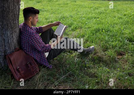Handsome man reading book under tree on green meadow Stock Photo