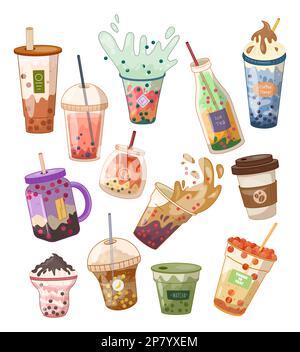 Set of Boba Yummy Beverages Stock Vector