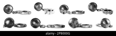 Set with metal balls and chains on white background, banner design Stock Photo