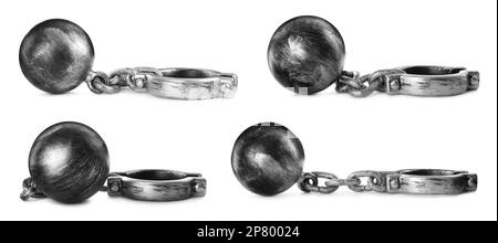 Set with metal balls and chains on white background Stock Photo - Alamy