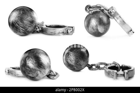 Set with metal balls and chains on white background Stock Photo - Alamy