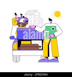 Packing for college isolated cartoon vector illustrations. School graduate with boxes leaving to campus, say goodbye to parents, load things into the car, admission process vector cartoon. Stock Vector