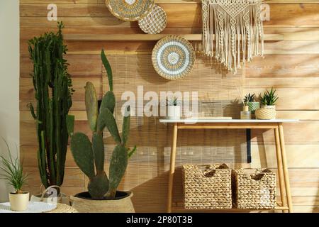 Houseplants and stylish decor near wooden wall in room. Interior design Stock Photo