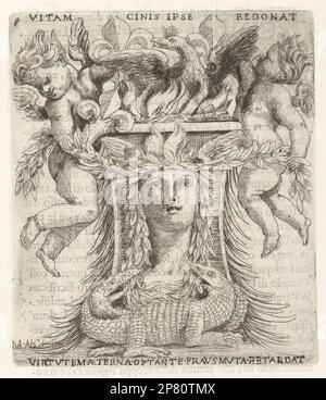 Vignette with bust crowned with wings and garlands, under a phoenix in a fiery nest, supported by two putti. Two crocodiles at bottom. Latin motto: Vitam cinis ipse redonat, Virtutem aeterna optante fraus muta retardat. He returns life to ashes, Wishing for eternal power, slows dumb fraud. Copperplate engraving by Marcantonio Canini from Giovanni Angelo Canini's Iconografia, cioe disegni d'imagini de famosissimi monarchi, regi, filososi, poeti ed oratori dell' Antichita, Drawings of images of famous monarchs, kings, philosophers, poets and orators of Antiquity, Ignatio de’Lazari, Rome, 1699. Stock Photo