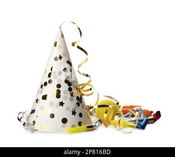 Party hat, blowers and confetti streamers on white background Stock ...