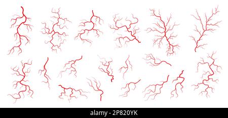Red veins, anatomy, blood vein artery or capillary, vector medical icons. Human body blood veins, eye capillary or hemorrhage vessels and venous blood Stock Vector