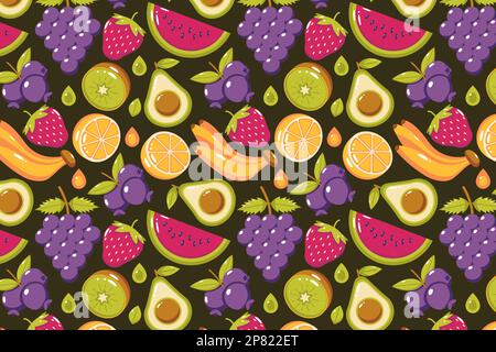 Fresh fruit pattern. Watermelon, strawberries, grapes, bananas, avocados, blueberries, kiwi and oranges Stock Vector