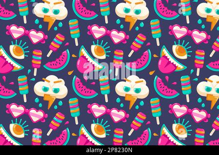 Enjoy your sweetness, tongue, eyes, ice cream, watermelon, glasses and rain patterns Stock Vector