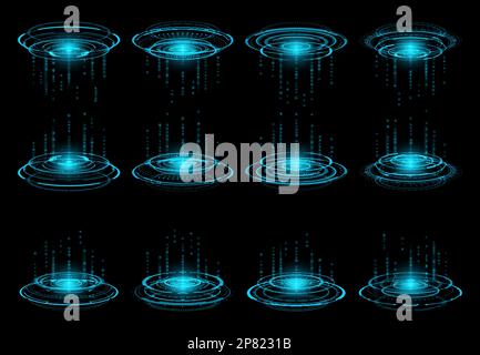 Hud futuristic circular virtual portals. Virtual laser podium hologram, glowing neon blue portal or game UI element, vector round teleportation rings. Stock Vector