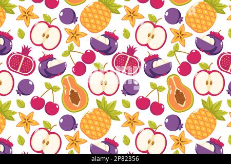 Fresh fruit pattern. Papaya, apple, chery, pineapple, mangosteen, star fruit and pomegranate. Stock Vector